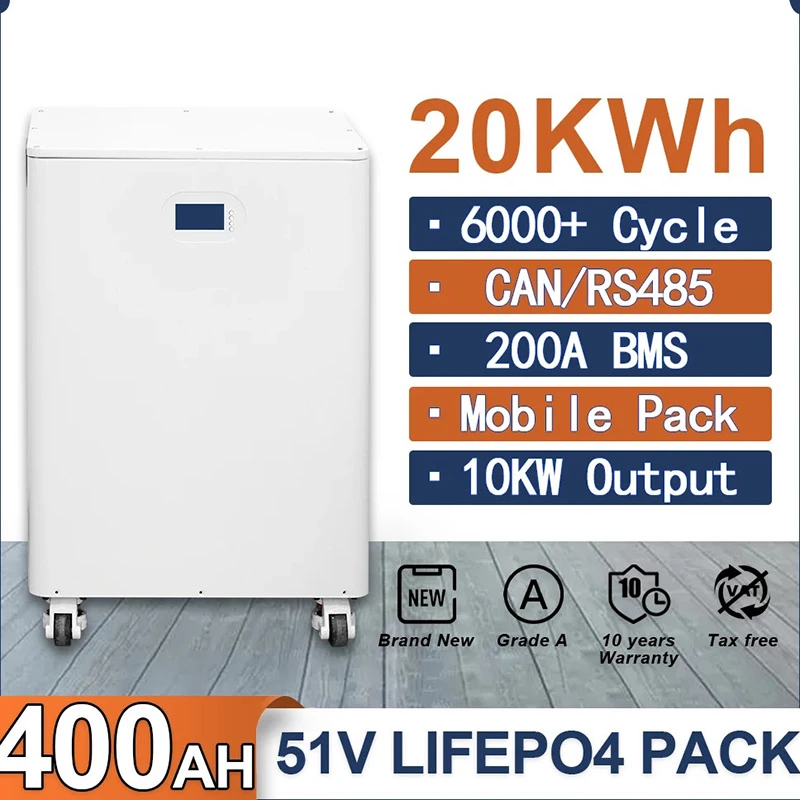 20KWh 30KWh Powerwall 51V 400Ah 600Ah LiFePO4 Battery Pack Buitl-in 200A BMS CAN RS485 Monitor Solar ESS 10KW Output