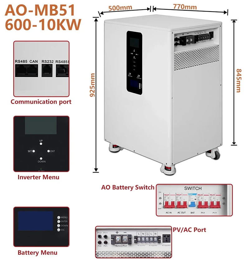 30KWh Powerwall 51V 48V 600Ah LiFePO4 Battery Pack Buitl-in 200A BMS CAN RS485 Monitor Solar ESS 10KW Output Inverter 3