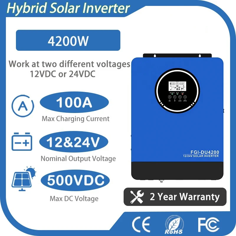 Dual Voltage BMS Inverter 4200W Hybrid Solar Inverter 230V AC Pure Sine Wave LCD Display Auto 12V 24V Solar System