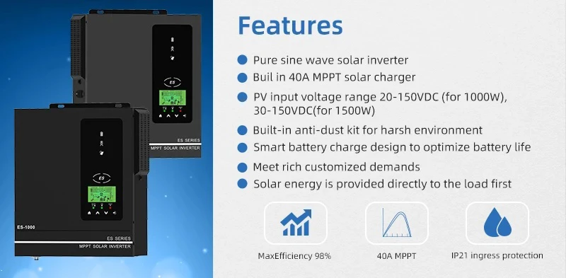 Pure Sine Wave Inverter for Home Backup Power Storage 1500W 1000W Hybrid Solar Inverter 80A MPPT Charger 12V 24V to 230V Max PV 150VDC 9