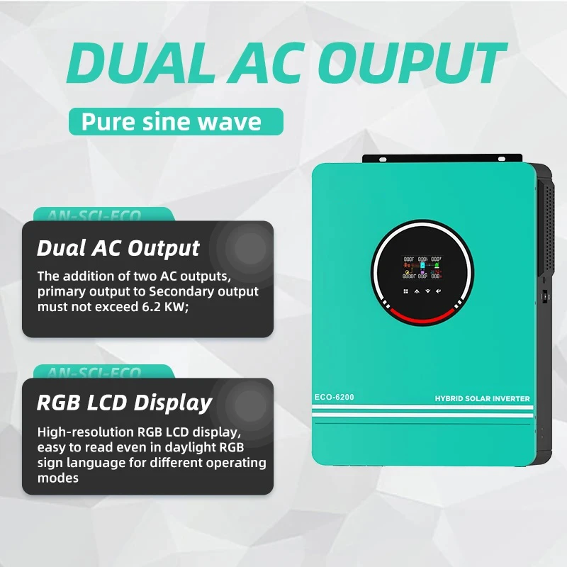 Solar Hybrid Inverters 6.2KW 4.2KW 24V 48V With MPPT 140A Charger Controller Dual AC Output Pure Sine Wave for Home Solar Systems 2