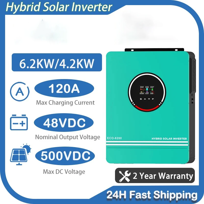 Solar Hybrid Inverters 6.2KW 4.2KW 24V 48V With MPPT 140A Charger Controller Dual AC Output Pure Sine Wave for Home Solar Systems