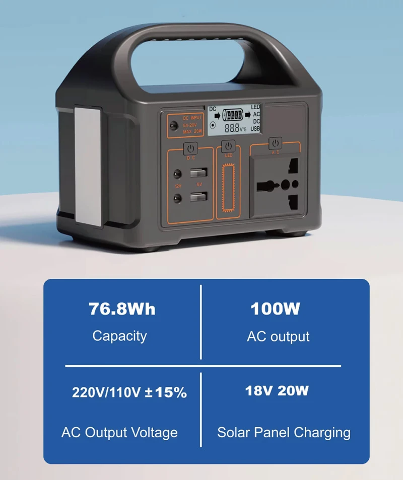 100W Outdoor Power Supply 76.8WH Mobile Charger Outdoor Lithium Battery Storage 220V 110V AC DC Solar Charging 100W Outdoor Power Supply 76.8WH Mobile Charger Outdoor Lithium Battery Storage 220V 110V AC DC Solar Charging