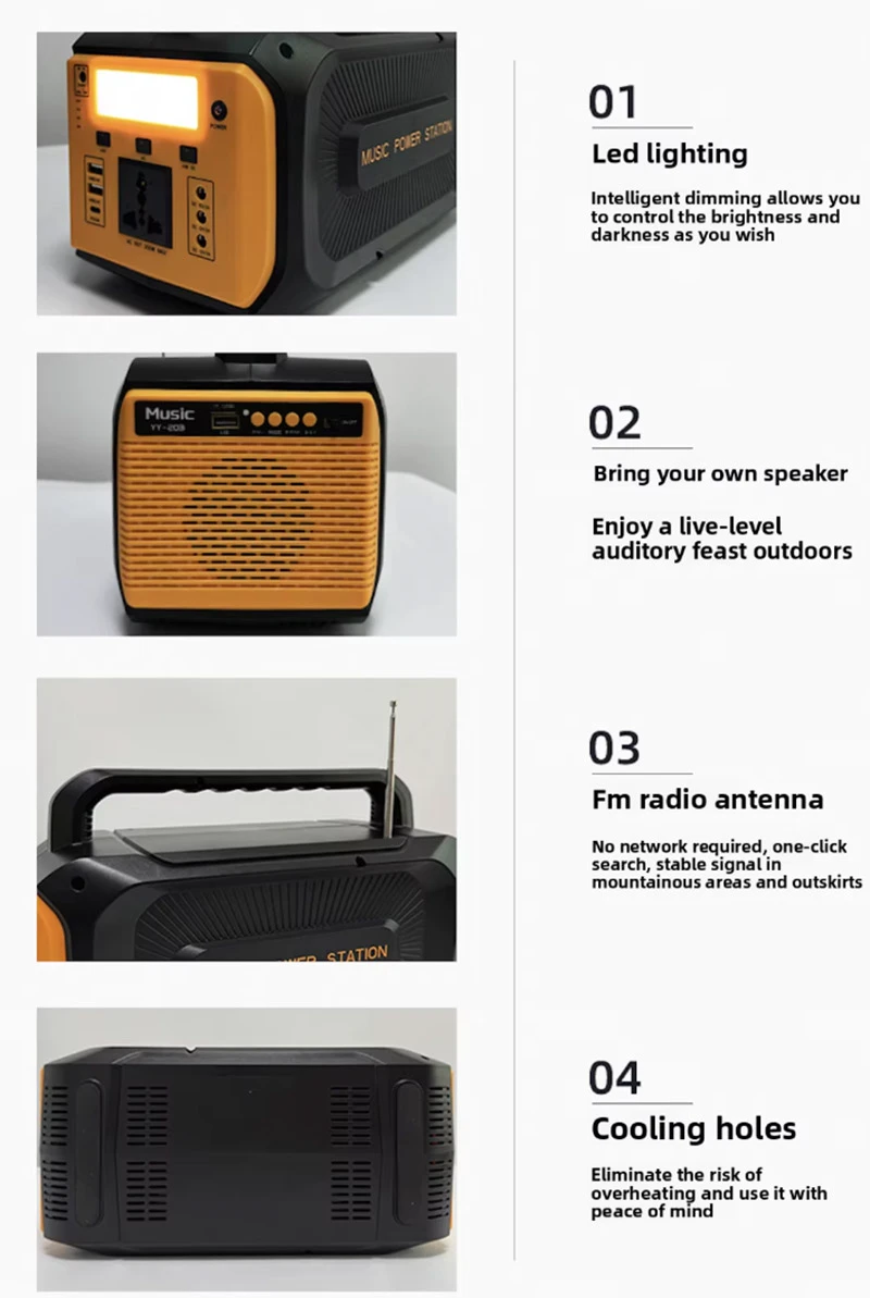 200W Music Power Station Portable Rechargeable Solar Generator Integrated with Bluetooth Speaker All-in-One Modified Sine Wave 