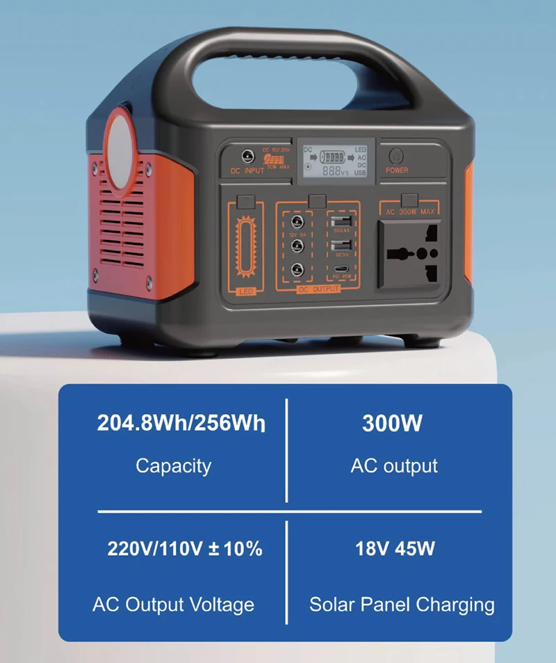 256Wh Portable Power Station 300W Solar Generator 204.8Wh 256Wh Lithium Battery Pure Sine Wave AC DC Solar Charger Feasible
