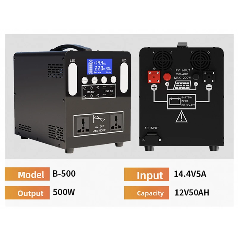 600Wh Portable Power Station 12V50AH 500W 600W Solar Generator with Pure Copper Transformer Solar Panel Charge