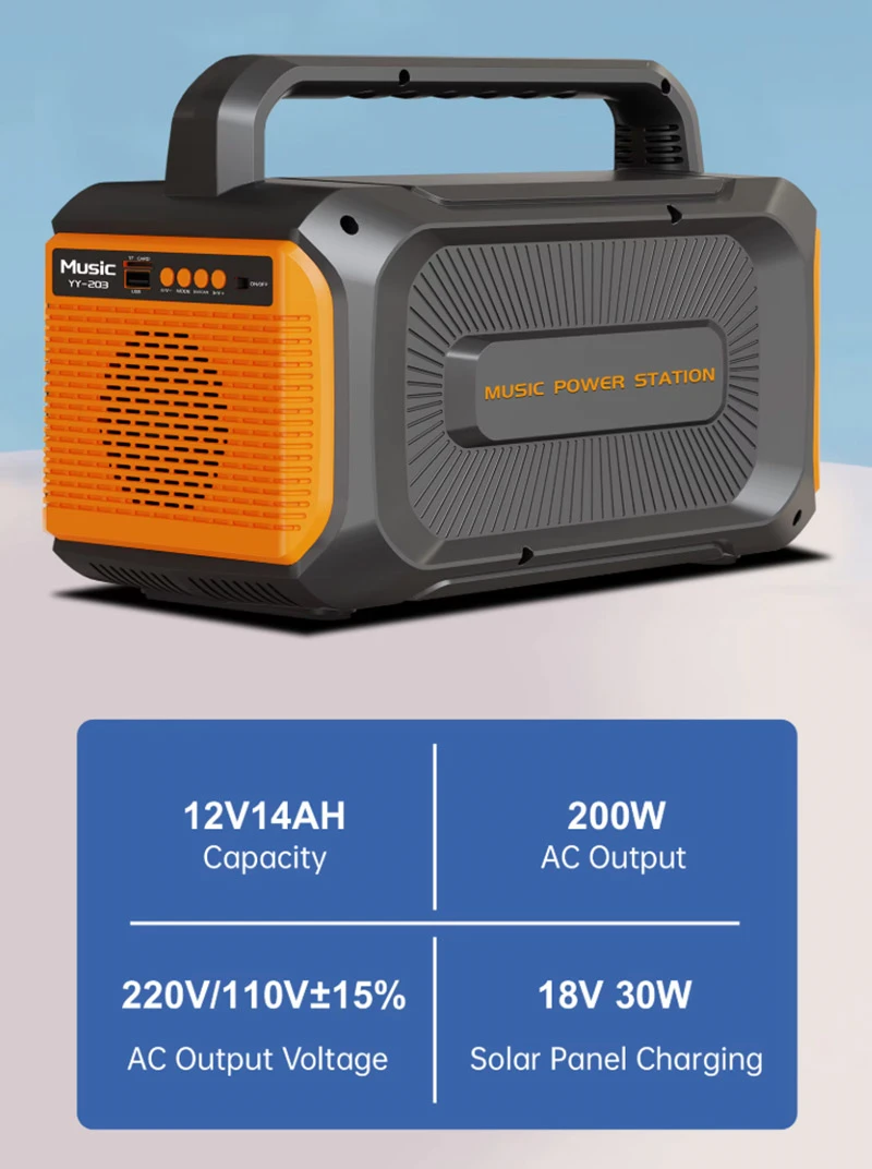 200W Music Power Station Portable Rechargeable Solar Generator Integrated with Bluetooth Speaker All-in-One Modified Sine Wave 200W Music Power Station Portable Rechargeable Solar Generator Integrated with Bluetooth Speaker All-in-One Modified Sine Wave