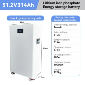 16kWh Lithium Battery 51.2V 314Ah Lithium Iron Phosphate Battery Cells 8000 Lifecycles Grade A Compatible with Deye and Growatt